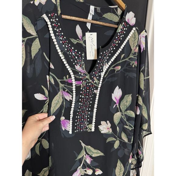 NY Collection NWT 2X Embellished V-Neck rhinestone pull over sheer fairy floral - Picture 6 of 10